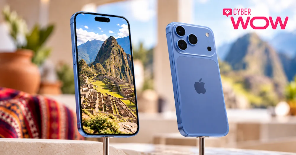 iPhone para viajar por el Perú durante Cyber Wow con Machu Picchu de fondo