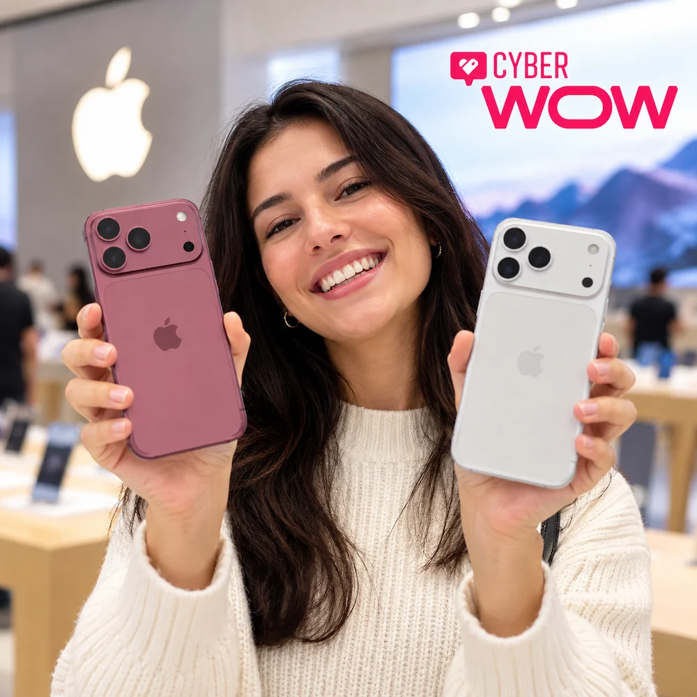 Mujer mostrando dos modelos de iPhone de diferentes colores para comparar sus características